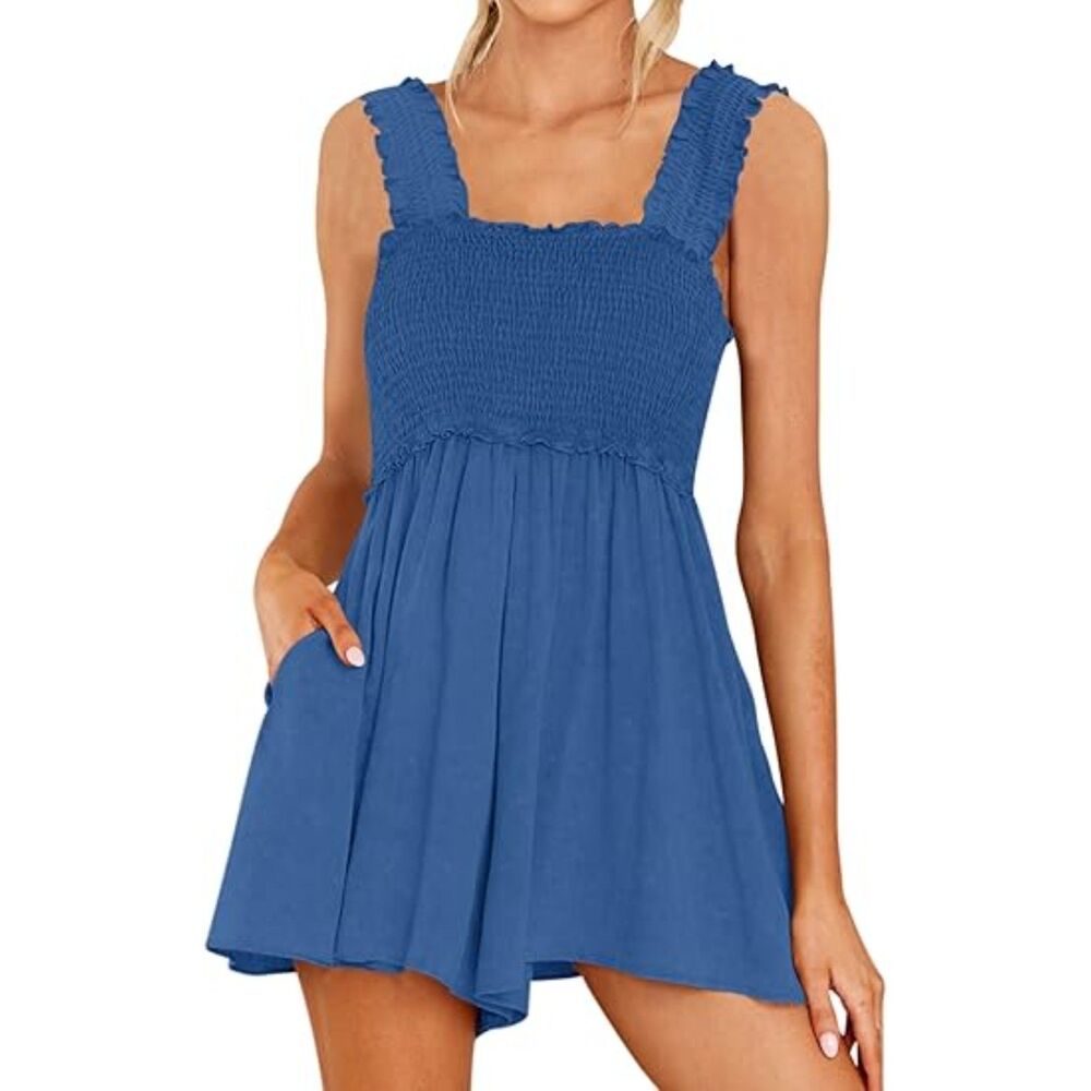 Sleeveless Romper Square Ruffle Straps Flowy Short Jumpsuit, SIZE XL, 5L-143D001